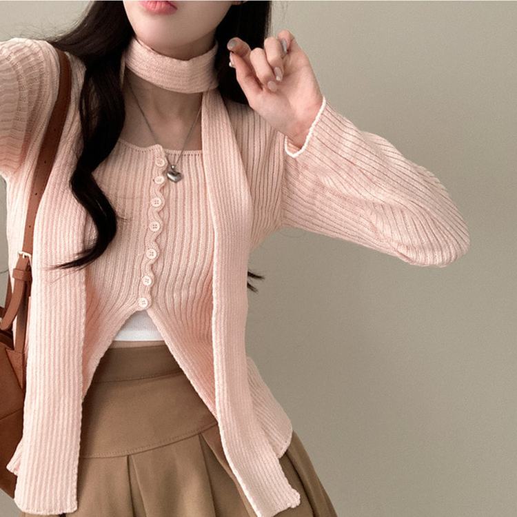 【マフラー付き】ボタンスリットニット(5color) PINK