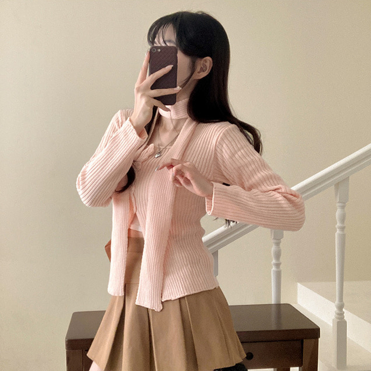 【マフラー付き】ボタンスリットニット(5color) PINK