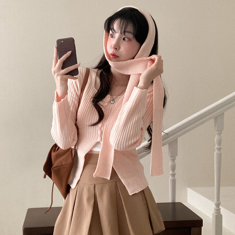 【マフラー付き】ボタンスリットニット(5color) PINK