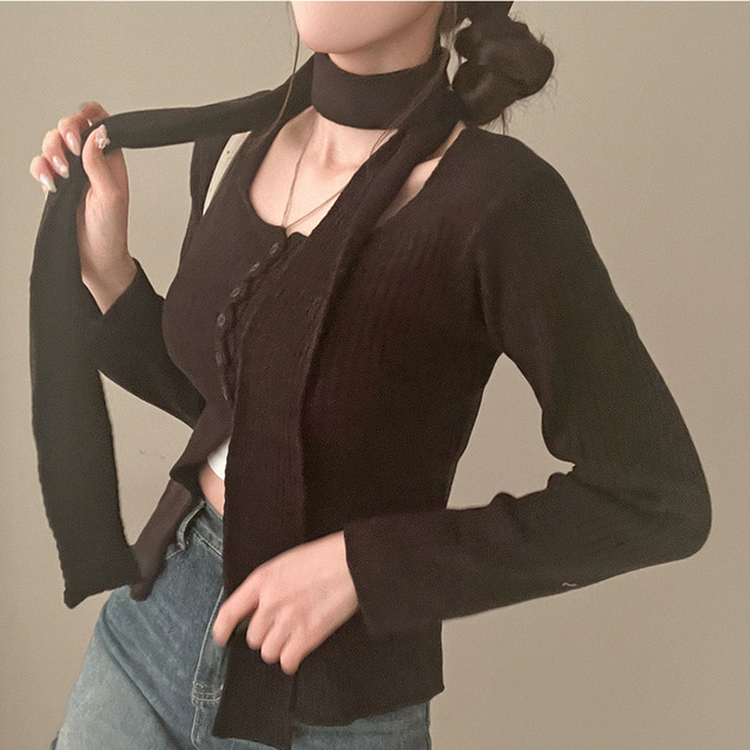 【マフラー付き】ボタンスリットニット(5color) BLACK
