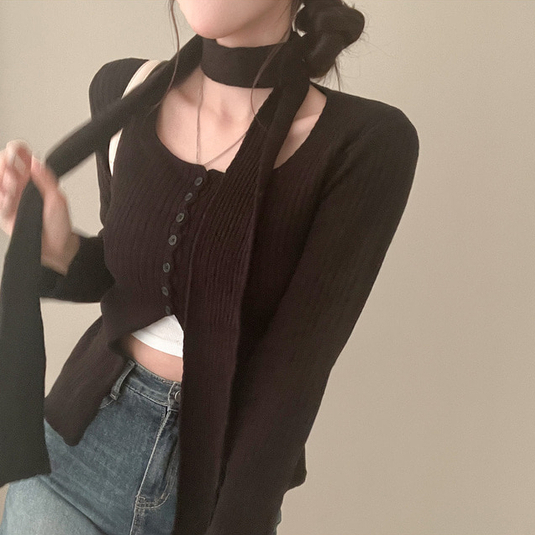 【マフラー付き】ボタンスリットニット(5color) BLACK
