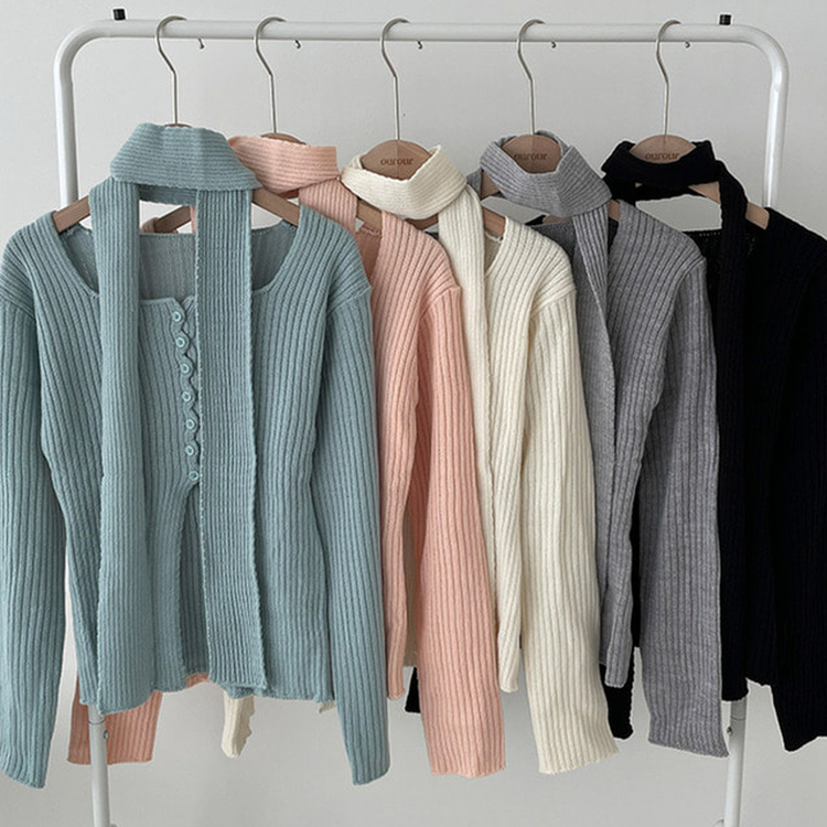 【マフラー付き】ボタンスリットニット(5color)