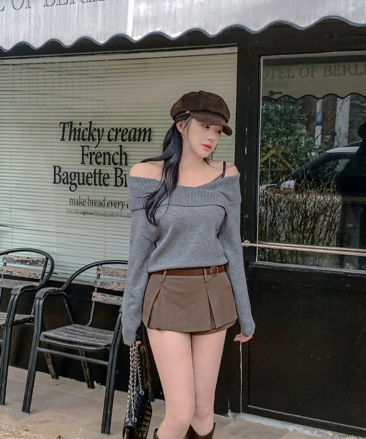 スローライズストライプスカートパンツ BROWN
