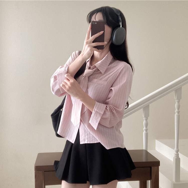 【タイ付き】ラブミーストライプシャツ PINK