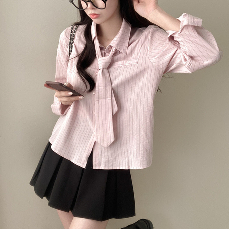 【タイ付き】ラブミーストライプシャツ PINK