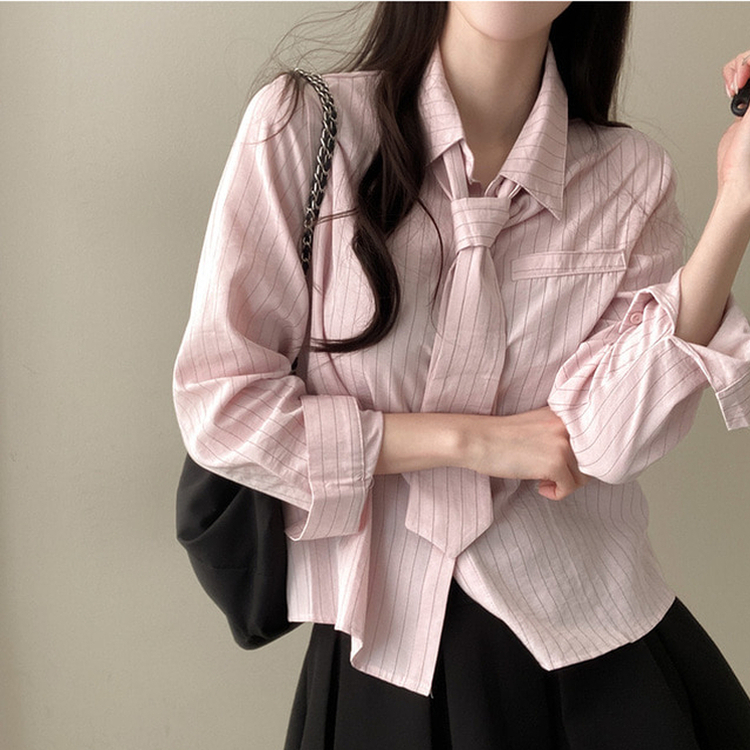 【タイ付き】ラブミーストライプシャツ PINK