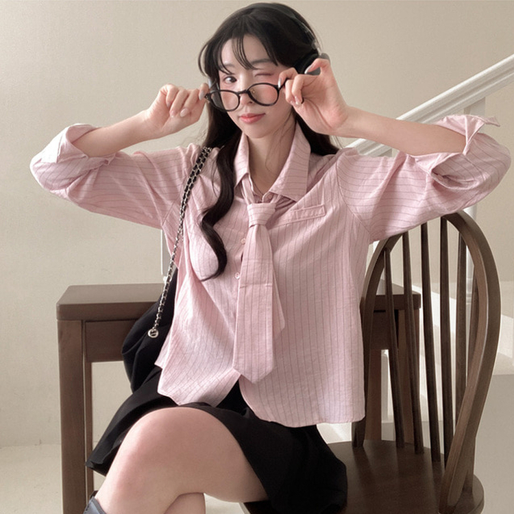 【タイ付き】ラブミーストライプシャツ PINK
