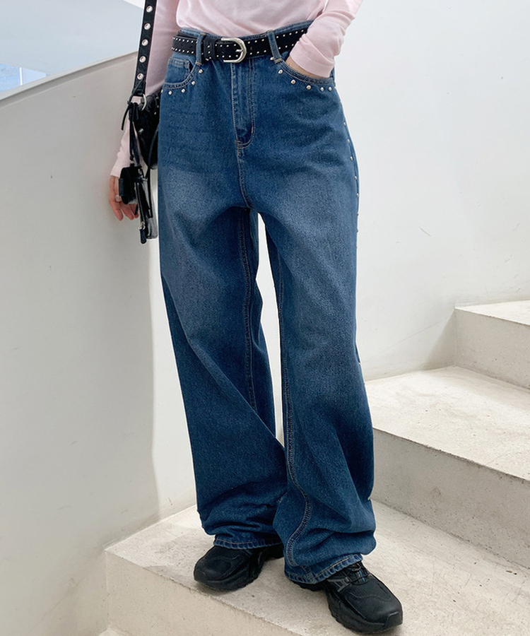 スタッドワイドロングデニムパンツ BLUE