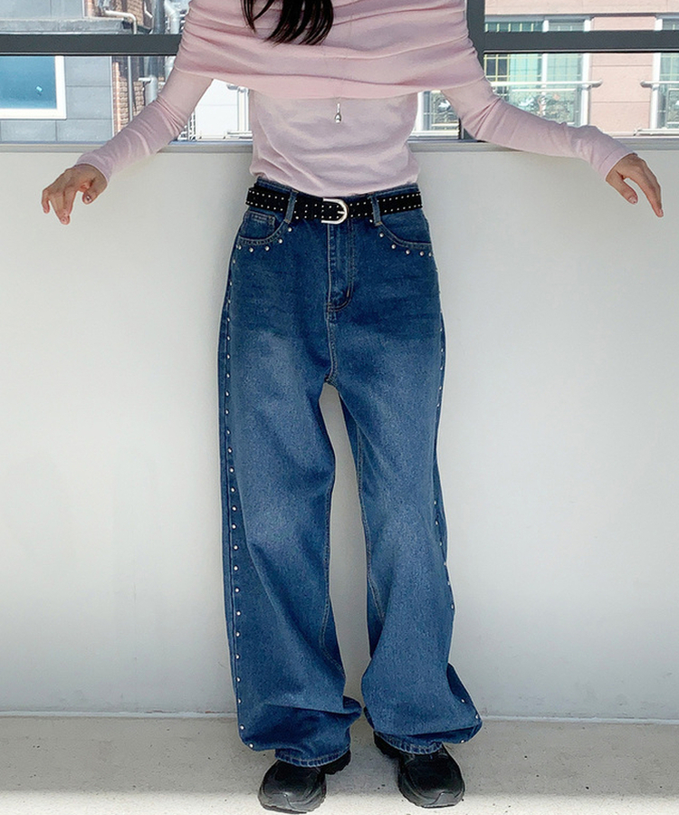 スタッドワイドロングデニムパンツ BLUE
