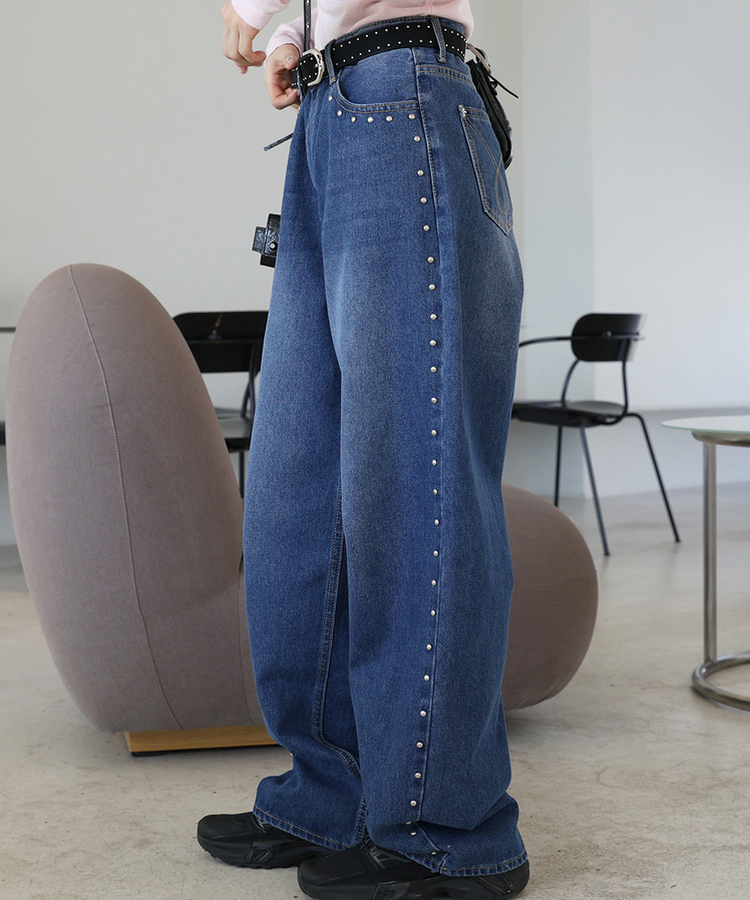 スタッドワイドロングデニムパンツ BLUE