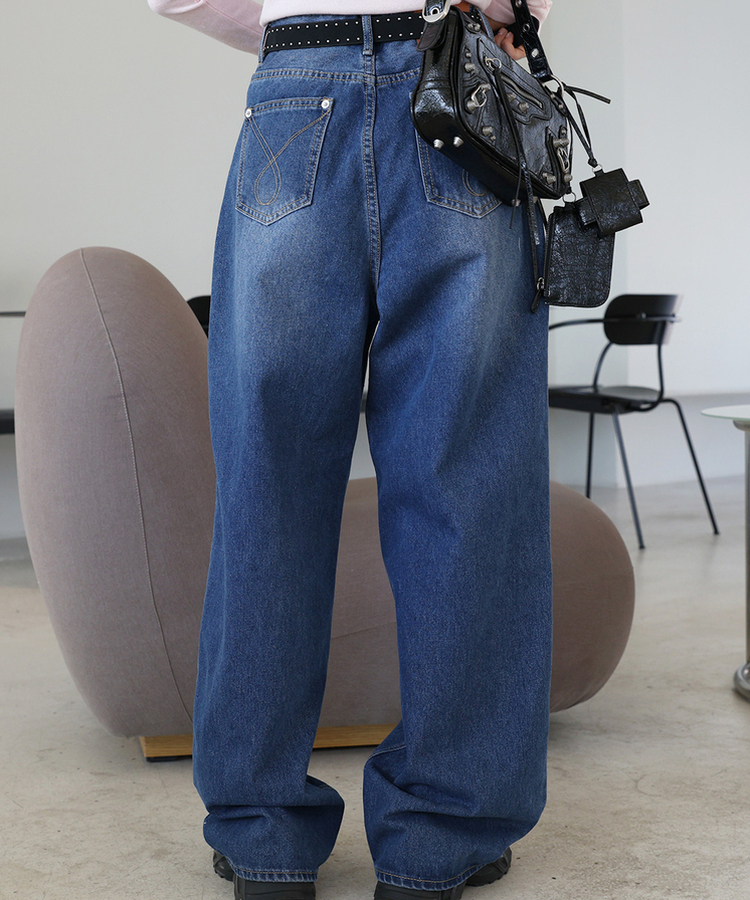 スタッドワイドロングデニムパンツ BLUE