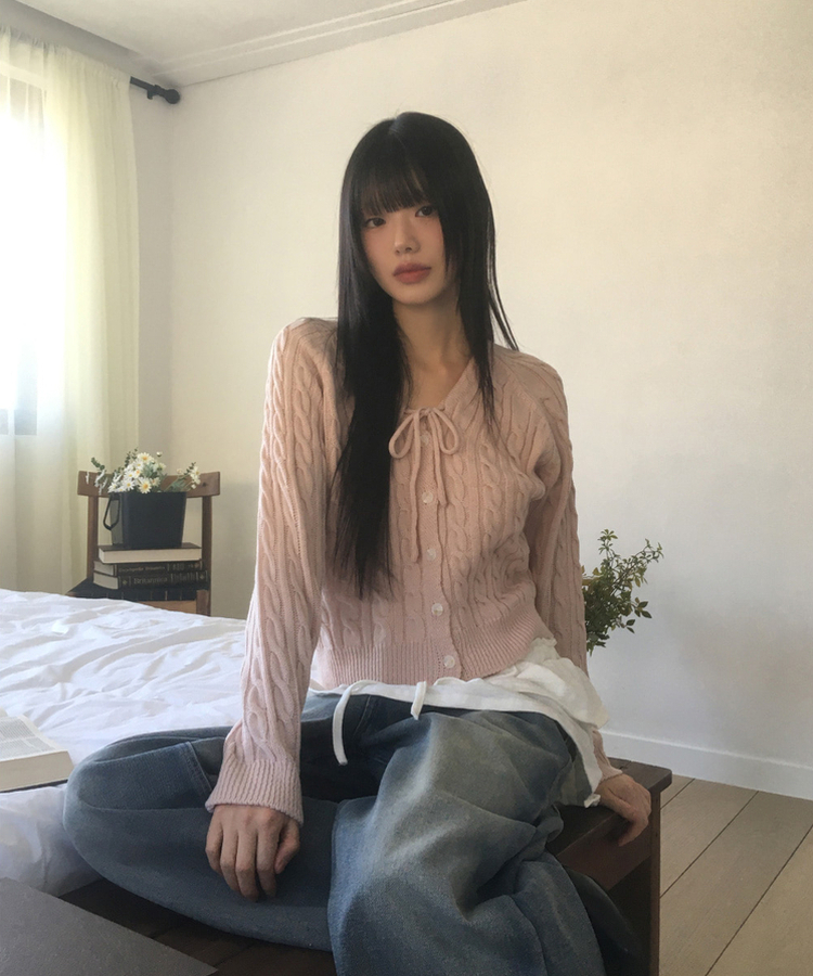 ツイストリボンニットカーディガン(5color) PINK