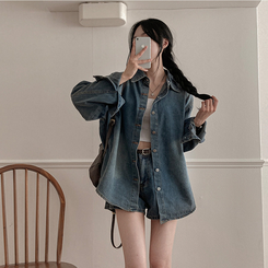 올티 데님 워싱 청남방 숏팬츠 투피스 세트 진청