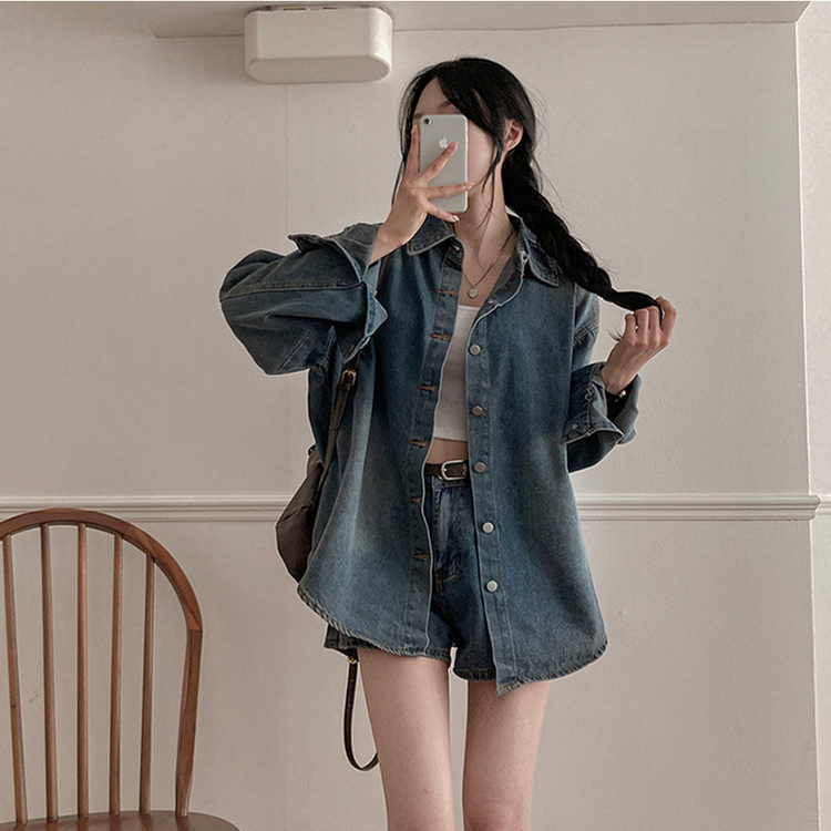 올티 데님 워싱 청남방 숏팬츠 투피스 세트 진청