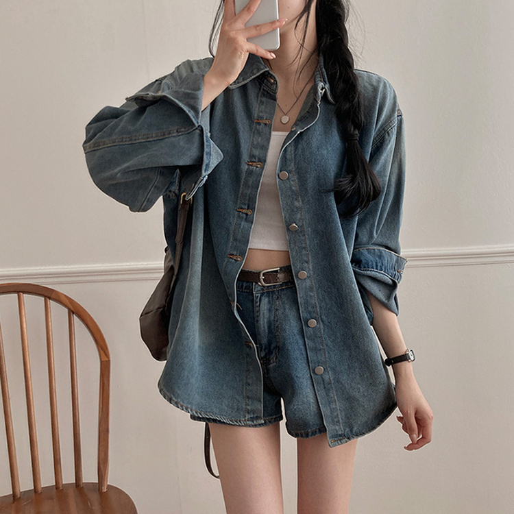 올티 데님 워싱 청남방 숏팬츠 투피스 세트 진청