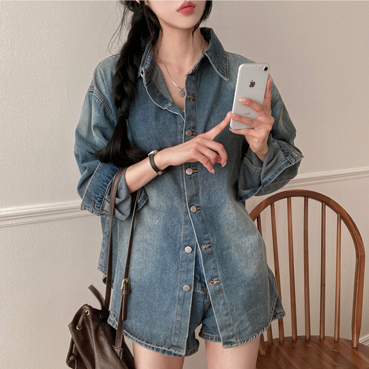 올티 데님 워싱 청남방 숏팬츠 투피스 세트 진청