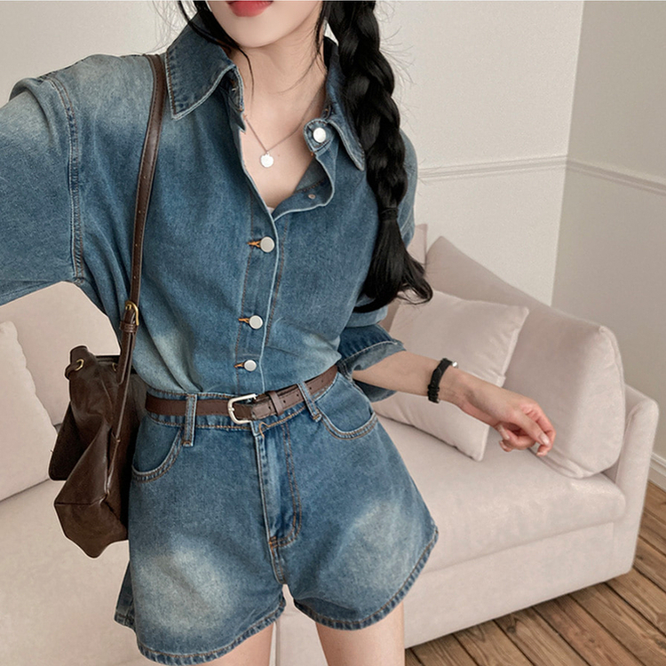 올티 데님 워싱 청남방 숏팬츠 투피스 세트 진청