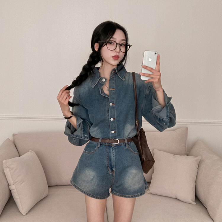 올티 데님 워싱 청남방 숏팬츠 투피스 세트 진청