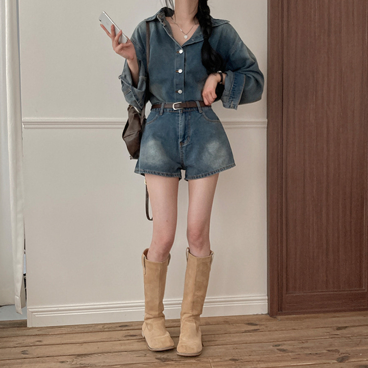 올티 데님 워싱 청남방 숏팬츠 투피스 세트 진청
