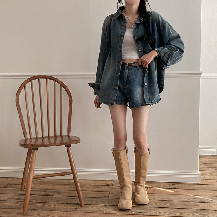 올티 데님 워싱 청남방 숏팬츠 투피스 세트 진청