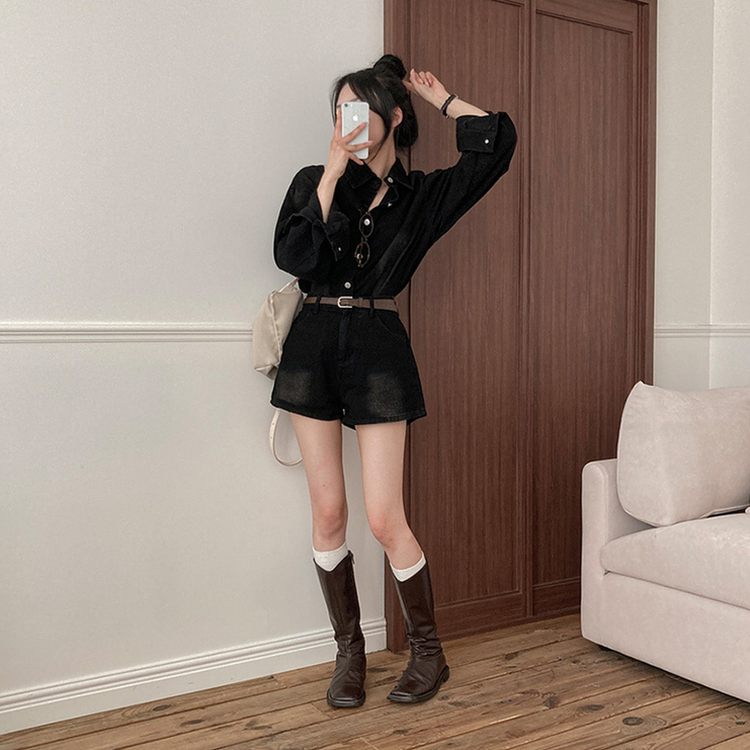 올티 데님 워싱 청남방 숏팬츠 투피스 세트 흑청