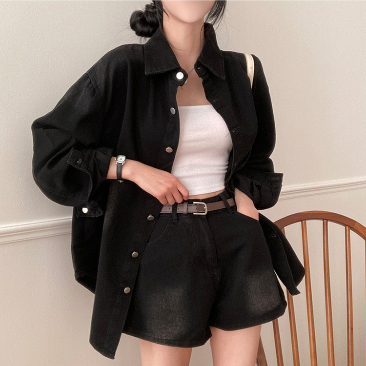 올티 데님 워싱 청남방 숏팬츠 투피스 세트 흑청