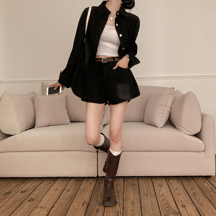 올티 데님 워싱 청남방 숏팬츠 투피스 세트 흑청