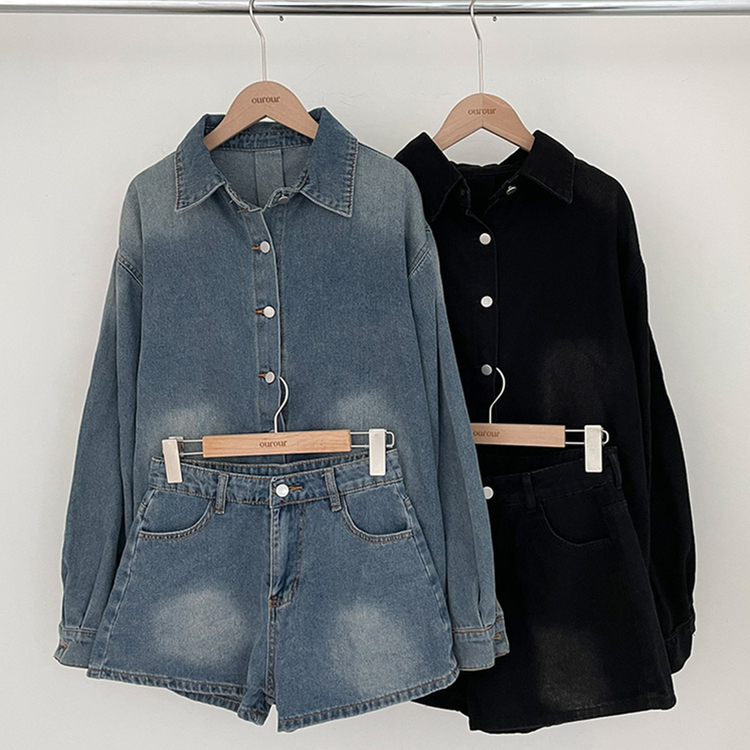 올티 데님 워싱 청남방 숏팬츠 투피스 세트