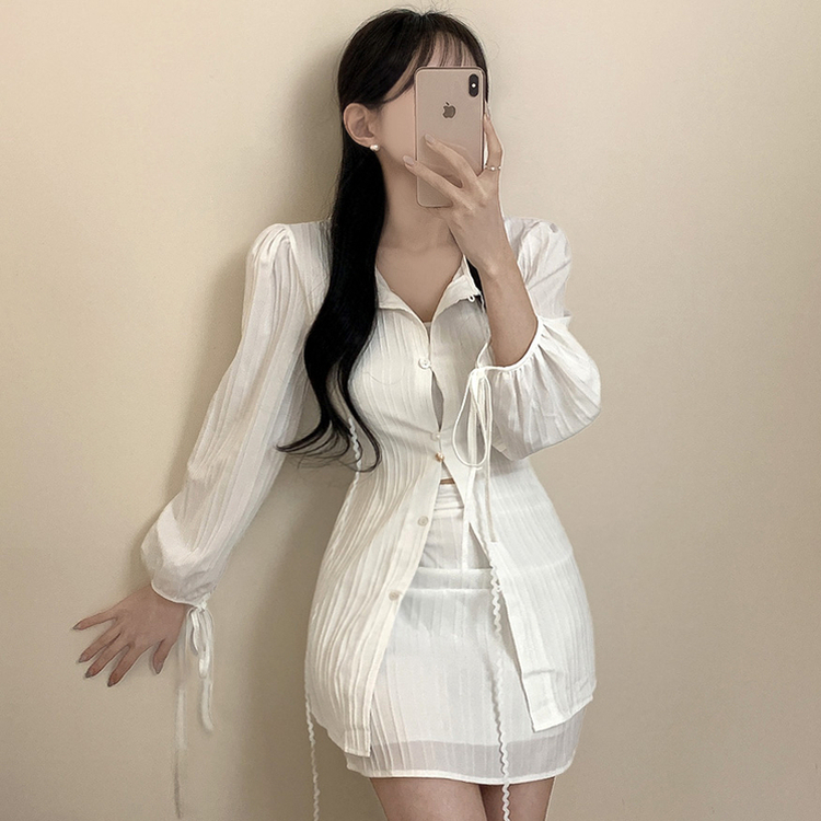 【SET】レースリボンブラウス ミニスカート WHITE