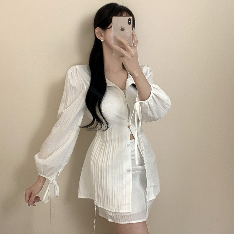【SET】レースリボンブラウス ミニスカート WHITE