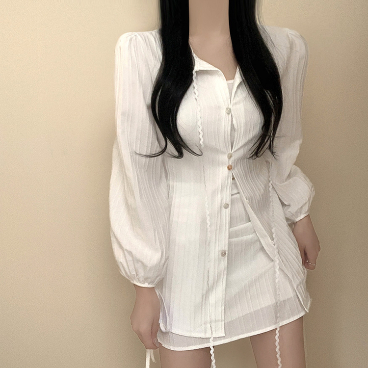 【SET】レースリボンブラウス ミニスカート WHITE