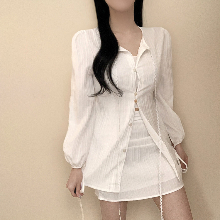【SET】レースリボンブラウス ミニスカート WHITE