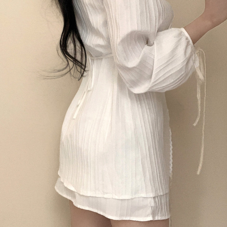 【SET】レースリボンブラウス ミニスカート WHITE