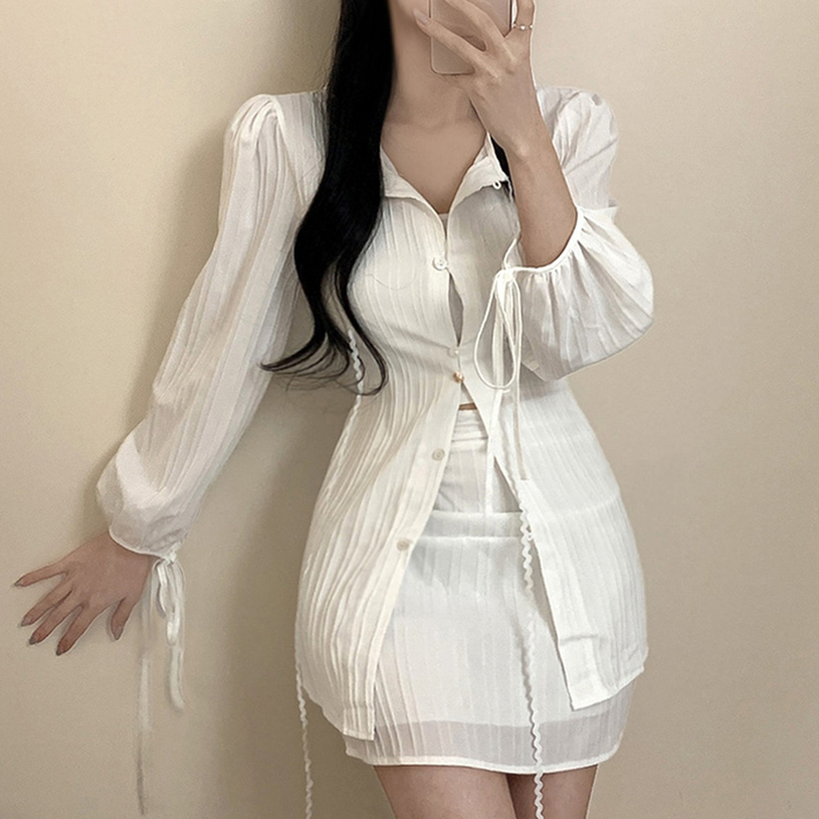 【SET】レースリボンブラウス ミニスカート WHITE