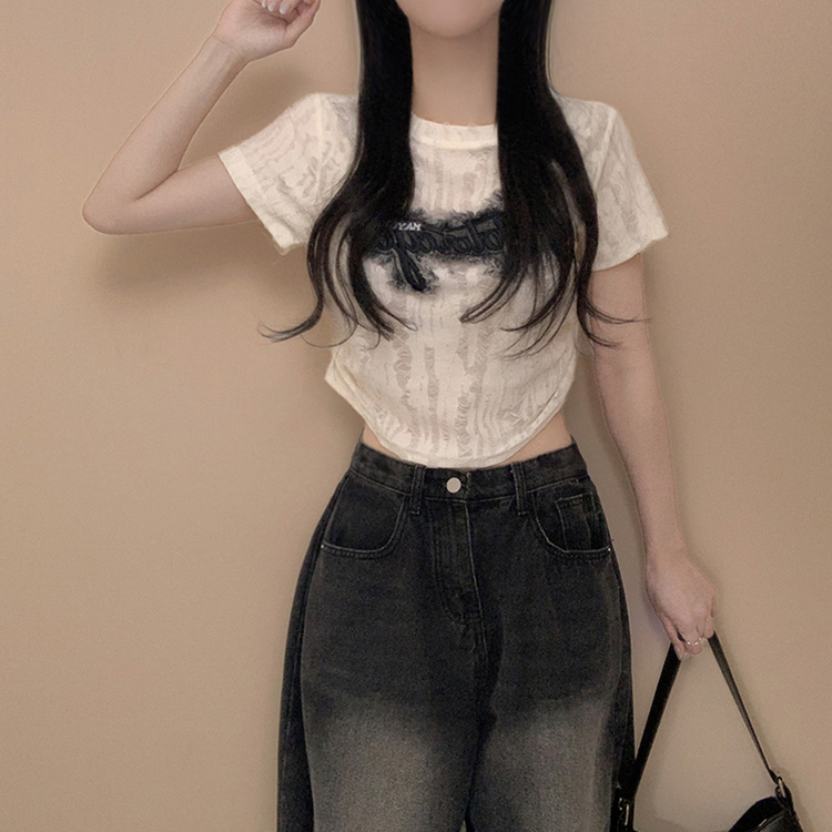 ダメージパクロップシャーリング半袖Tシャツ IVORY