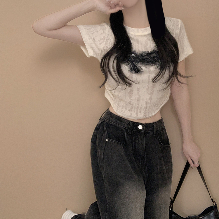 ダメージパクロップシャーリング半袖Tシャツ IVORY