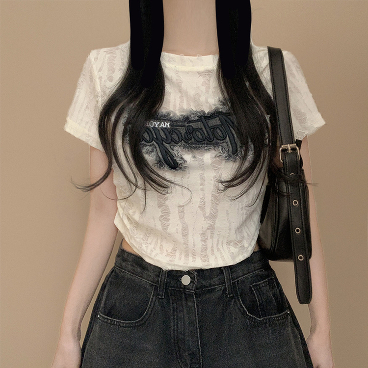ダメージパクロップシャーリング半袖Tシャツ IVORY