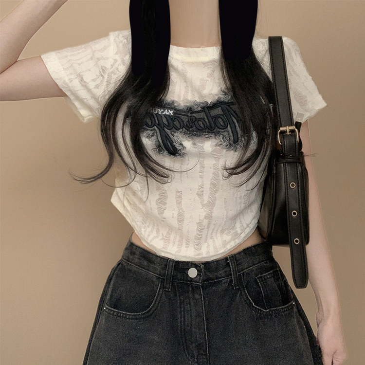 ダメージパクロップシャーリング半袖Tシャツ IVORY