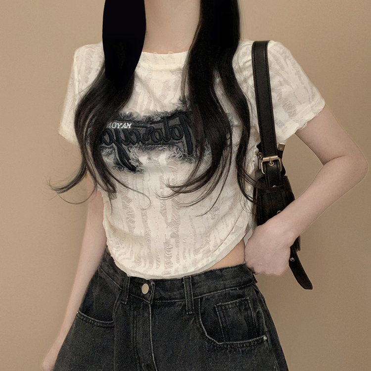 ダメージパクロップシャーリング半袖Tシャツ IVORY