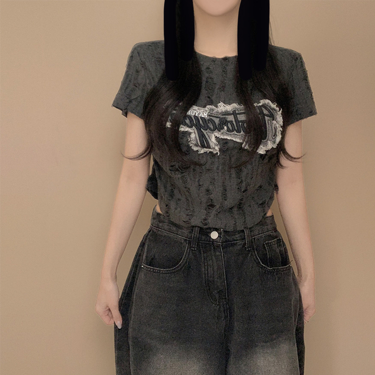 ダメージパクロップシャーリング半袖Tシャツ GREY