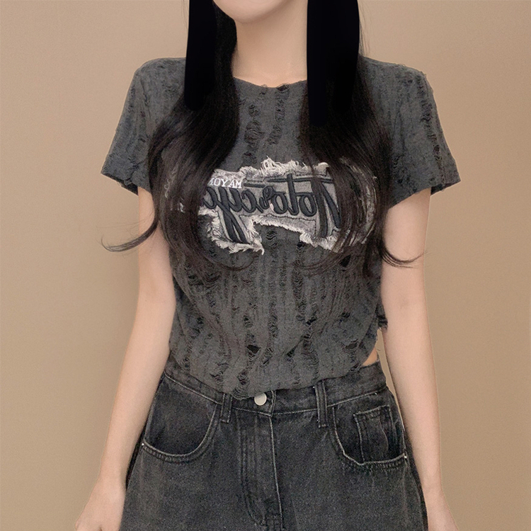 ダメージパクロップシャーリング半袖Tシャツ GREY