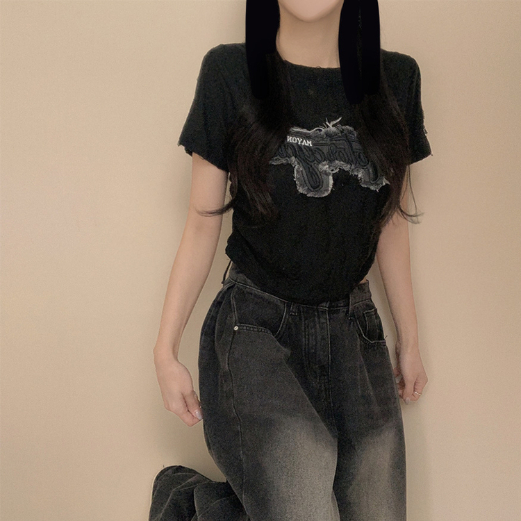 ダメージパクロップシャーリング半袖Tシャツ BLACK
