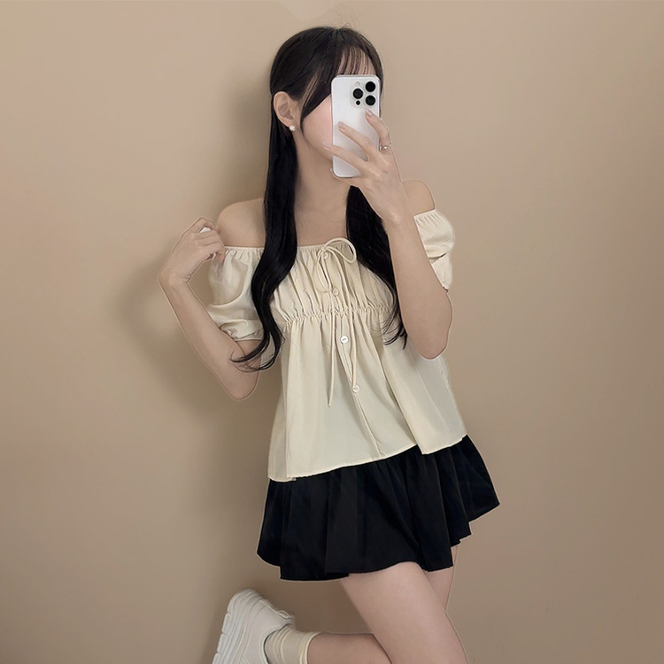 リボンオフショルダー半袖ブラウス(5color) BEIGE
