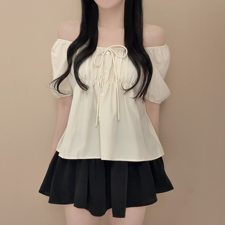 リボンオフショルダー半袖ブラウス(5color) BEIGE