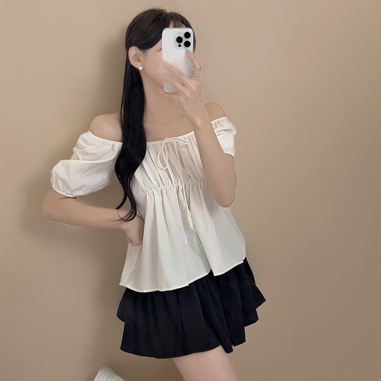 リボンオフショルダー半袖ブラウス(5color) WHITE