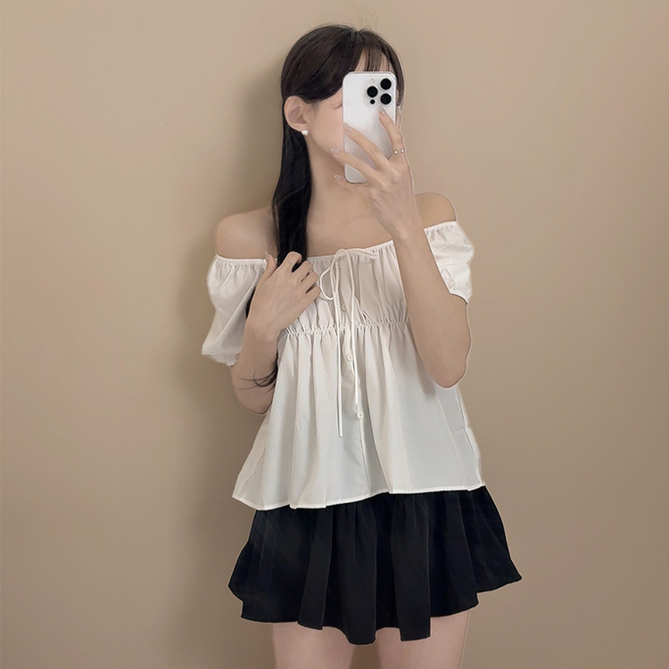 リボンオフショルダー半袖ブラウス(5color) WHITE