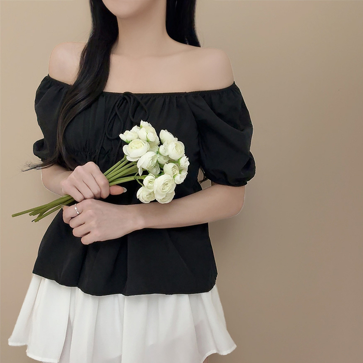 リボンオフショルダー半袖ブラウス(5color) BLACK