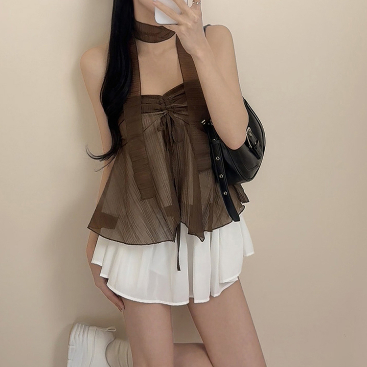 【マフラー付き】リボンシャーリングキャミソールブラウス BROWN