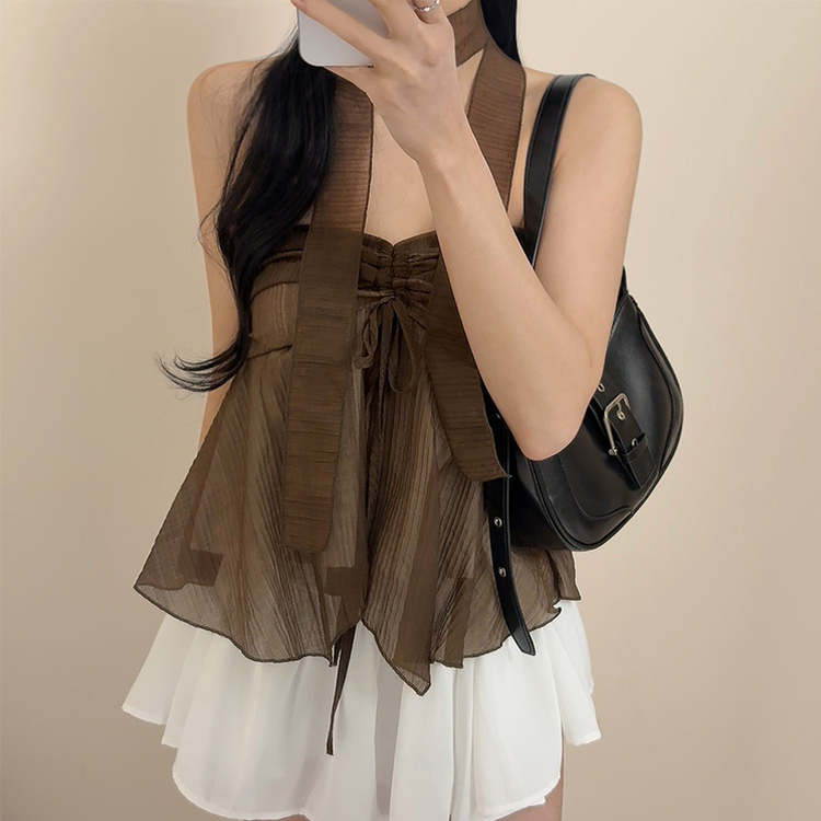 【マフラー付き】リボンシャーリングキャミソールブラウス BROWN