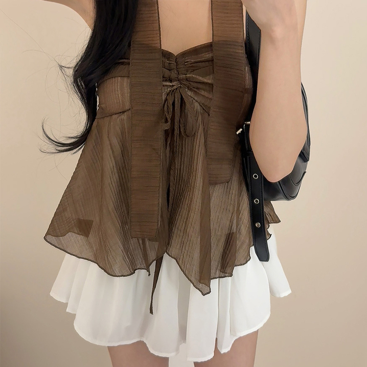 【マフラー付き】リボンシャーリングキャミソールブラウス BROWN